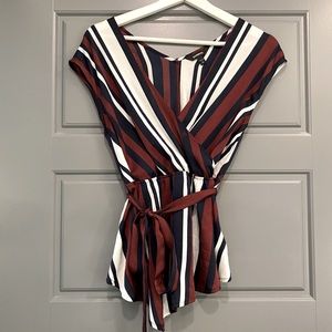 Express Burgundy & Navy Striped Belted Blouse, XS